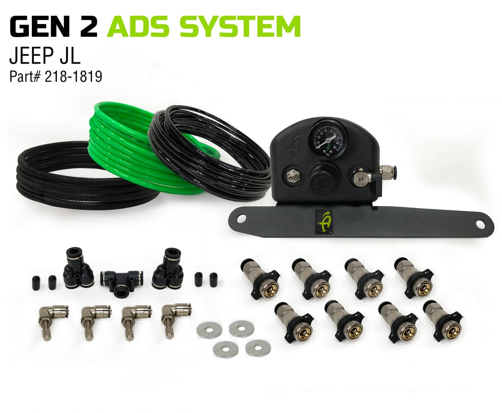 Up Down Air | Tire Inflation System | Jeep JK Tire Inflator System 4 Tire For 18-20 Jeep Wrangler 2/4 Door W/Engine Mount With Box, Fittings, Hoses and Storage Bag Black UP Down Air | 218-1819