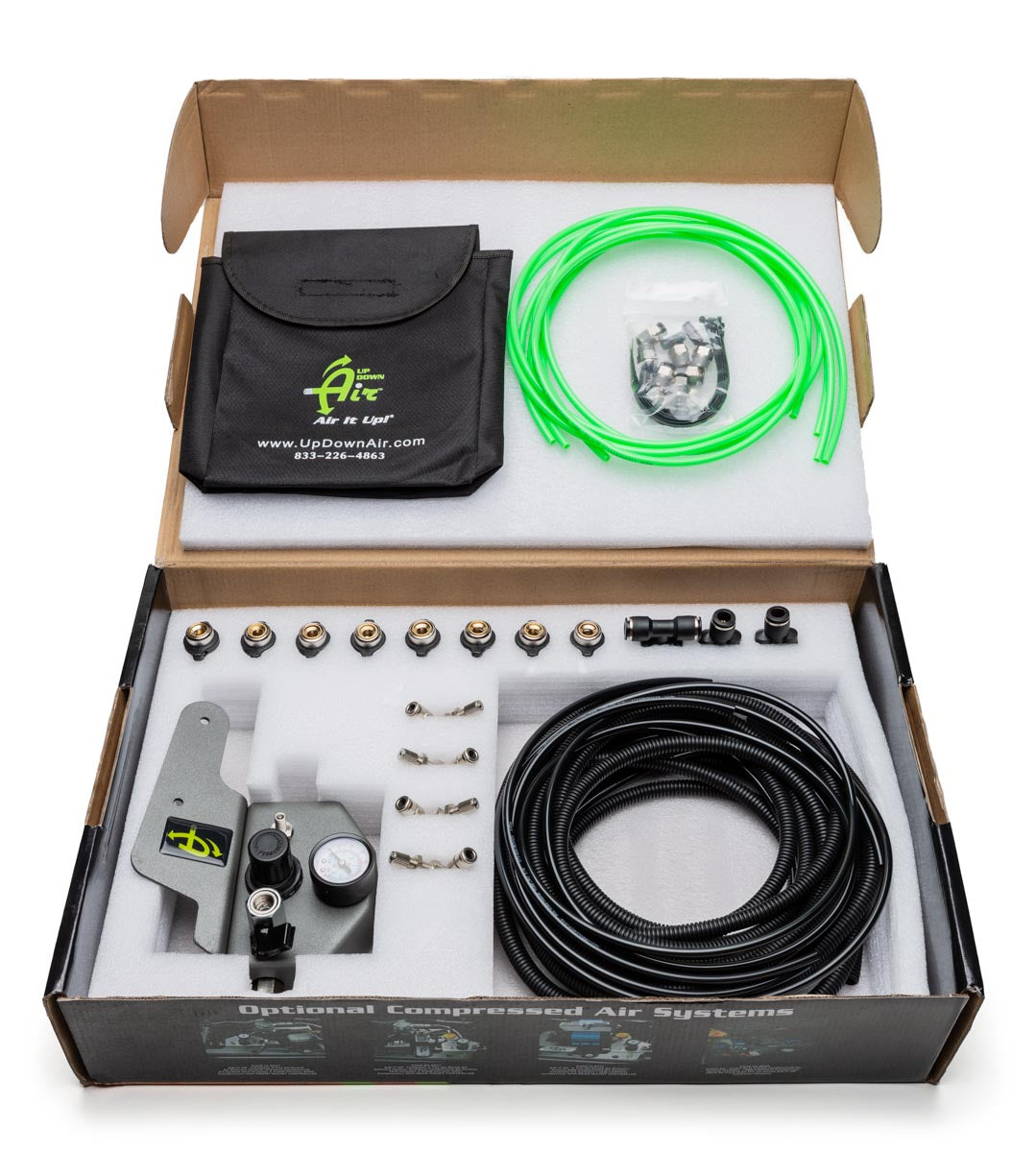 Up Down Air | Tire Inflation System | Jeep JK Tire Inflator System 4 Tire For 07-18 Wrangler JK 2/4 Door W/Engine Mount With Box, Fittings, Hoses and Storage Bag Black UP Down Air | 269-0717