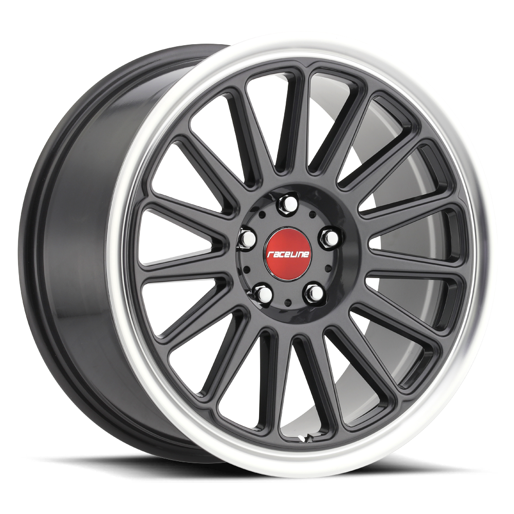 RACELINE | Aluminum Wheels | Aluminum Wheels 17x8 Grip 315G Machined Lip-Red Logo Gloss Gunmetal Grray Multi Spoke 40 Offset 4 on 100 Bolt Pattern 72.6 Bore Raceline | 315G-78010+40