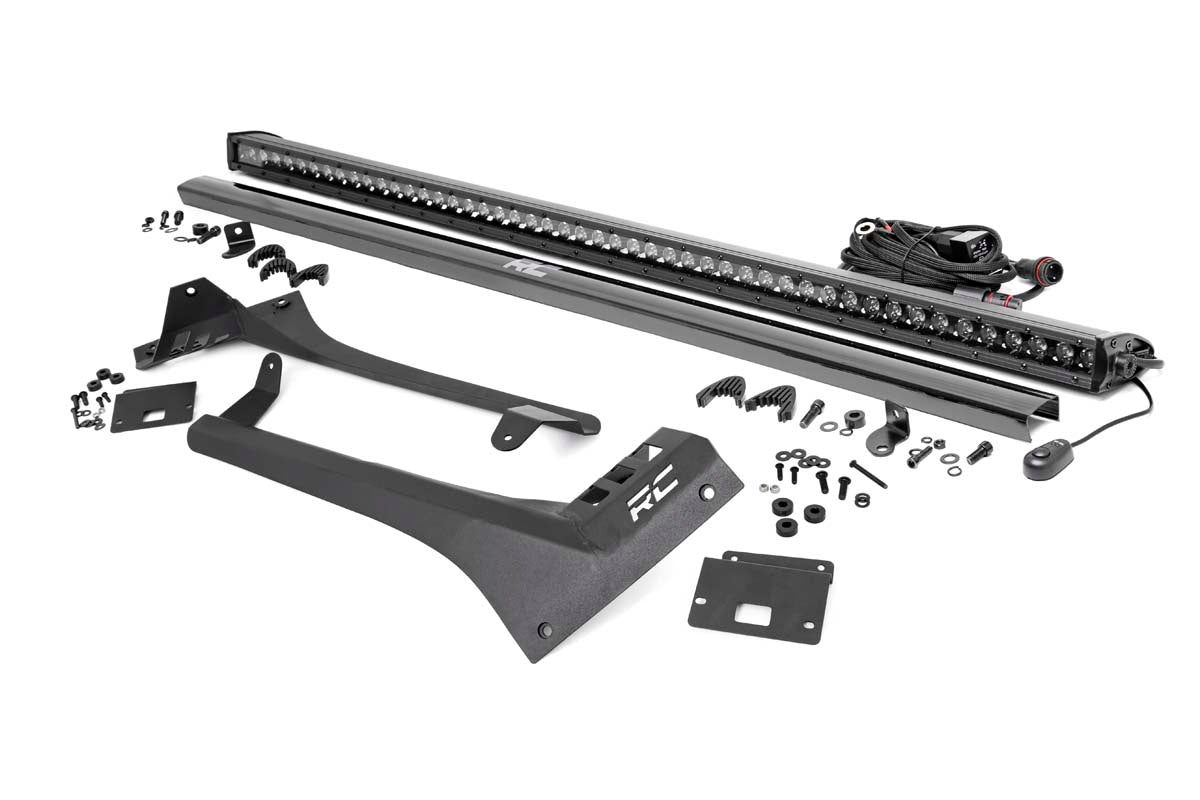 Jeep 50-Inch Straight LED Light Bar Upper Windshield Kit w/ Single-Row Black Series LED 2020 Gladiator JT, 18-20 Wrangler JL Rough Country