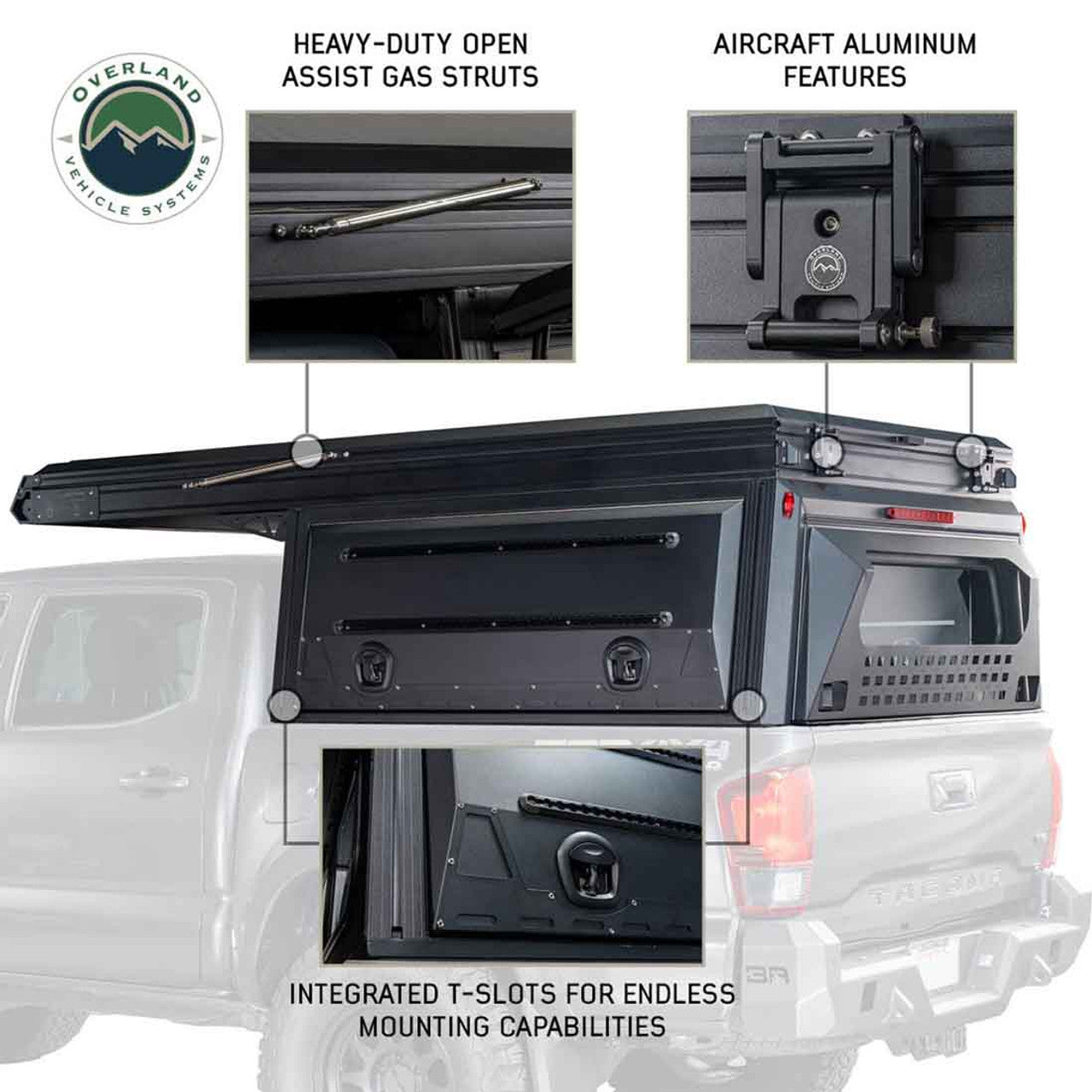 OVS | Truck Bed Caps | MagPak Camper W/Tent, Lights, Rear Molle Panel, Side Tie Downs, Front and Rear Windows 16-24 Toyota Tacoma 5 Foot Bed Overland Vehicle Systems | 70100101