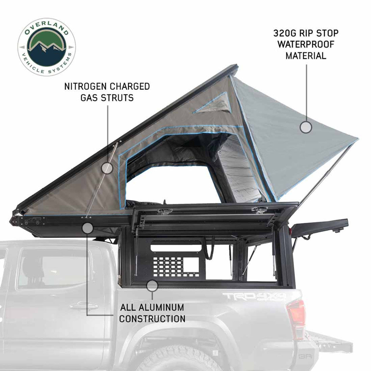 OVS | Truck Bed Caps | MagPak Camper W/Tent, Lights, Rear Molle Panel, Side Tie Downs, Front and Rear Windows 16-24 Toyota Tacoma 5 Foot Bed Overland Vehicle Systems | 70100101