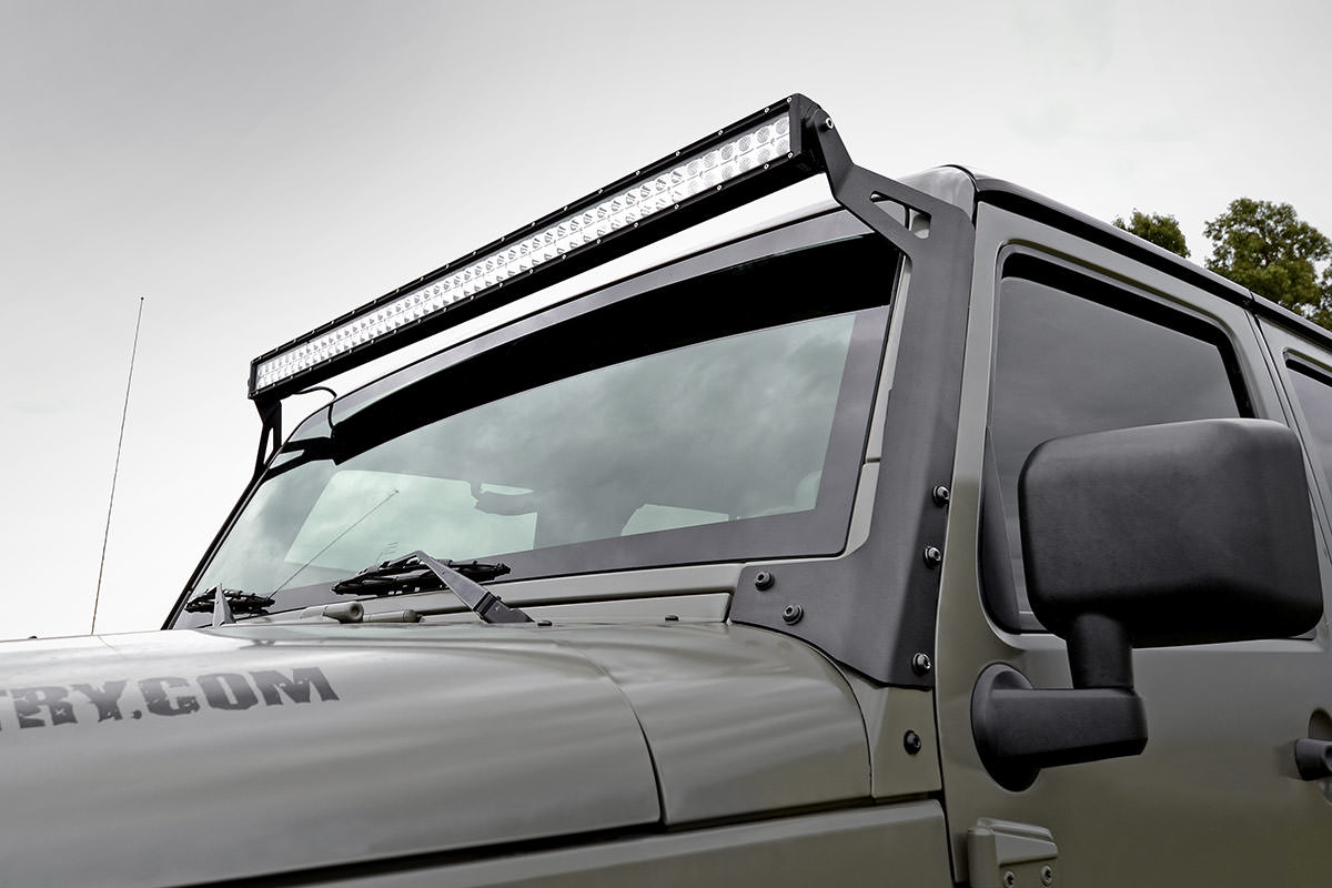 Rough Country | LED Light Bars | Jeep 50-Inch Straight LED Light Bar Upper Windshield Kit w/ 50 Inch Black Series LED Light 07-18 Wrangler JK Rough Country | 70504BL